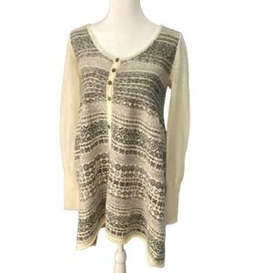 Free People Nordic Long Sleeve cream black gray Fair Isle Knit Tunic Sweater M